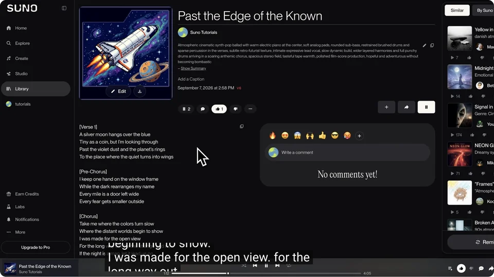 Official Suno demo showing a spacecraft cover, song title and lyrics