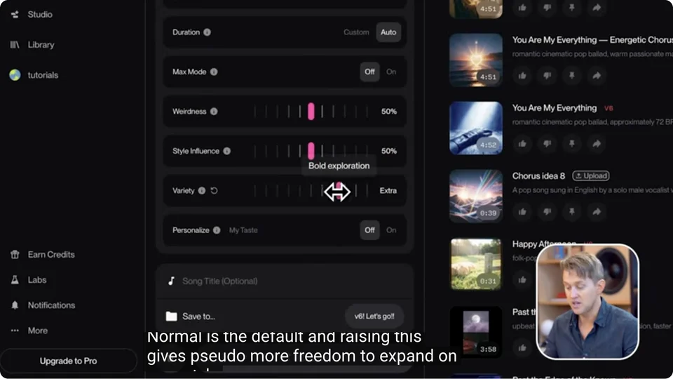 Official Suno Advanced Mode showing the Variety slider