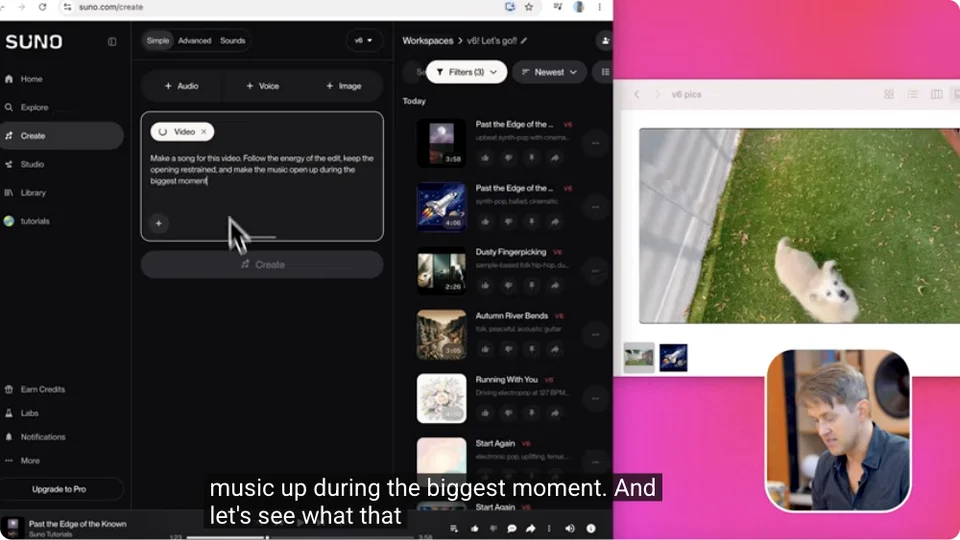 Official Suno demo with a dog video beside the music prompt