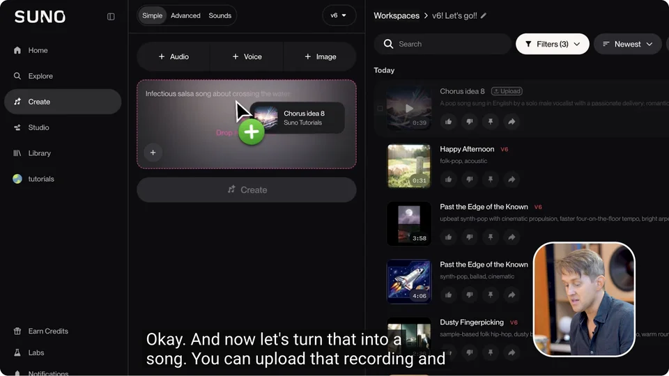 Official Suno demo adding the Chorus idea 8 recording to a prompt